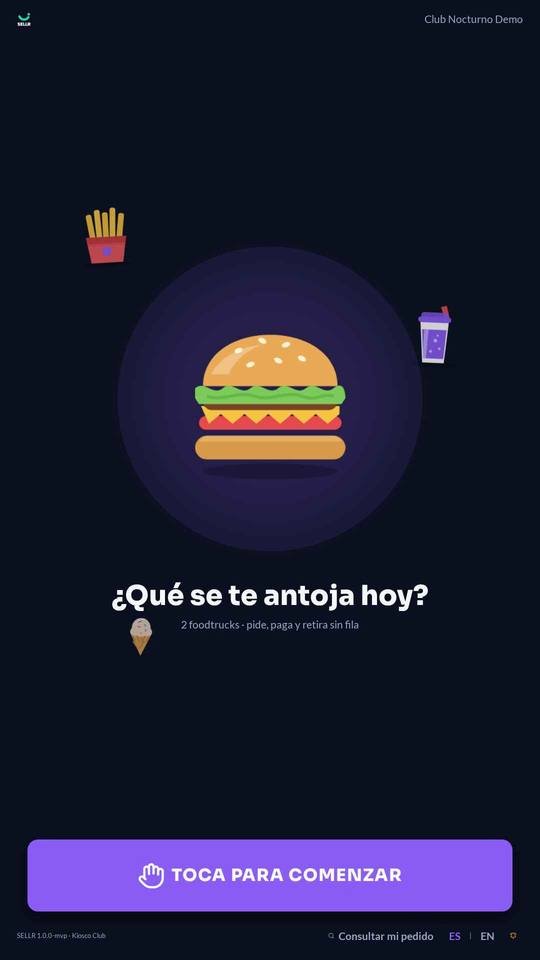 Pantalla de bienvenida del kiosco SELLR: ¿Qué se te antoja hoy? y botón Toca para comenzar