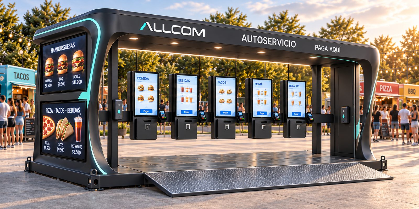 Módulo PayPod de ALLCOM: estructura transportable con cinco kioscos de autoservicio, pinpads e impresoras y cartelería digital, instalado en la zona de foodtrucks de un evento